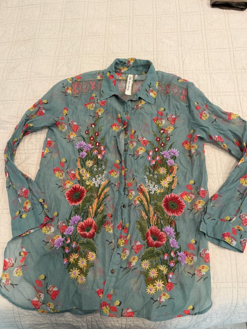 Arrata Silent Journey Embroidered Floral Button-Up Shirt with beaded detail